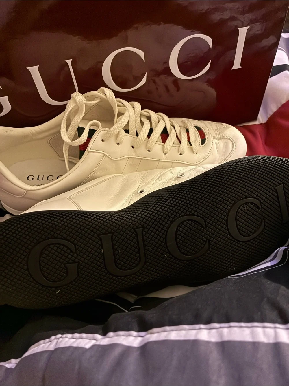 Gucci White Leather Sneakers with Red and Green Stripe Detail